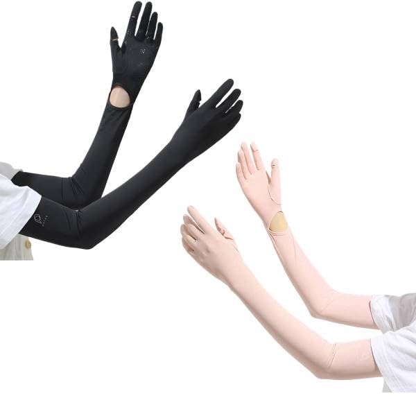 PALAY® 2 Pairs Hand Gloves for Sun Protection with Arm Sleeves for Women,Nylon Ice Silk Sun Protection Gloves Women Cooling UV Hand Cover Arm Sleeves Bike Riding (Black & Pink)