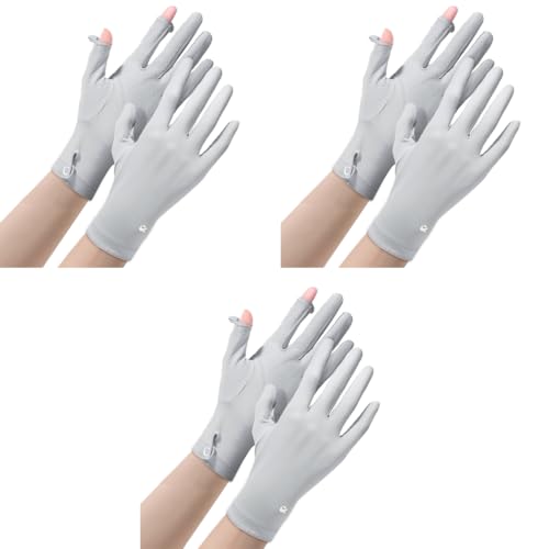 PALAY® Ice Silk Gloves Women Sun Protection Anti-Skid Breathable Touch Screen Bike Riding Cycling Summer Cooling Grey 3PCS