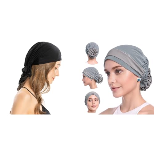 PALAY® Cotton Chemo Caps for Women Combo, Elastic Pre-Tied Slip On Head Scarf & Stretchy Turban Beanie, Cancer Headwear for Hair Loss, Headwrap for Yoga, Sleep & Daily Use - Black & Grey
