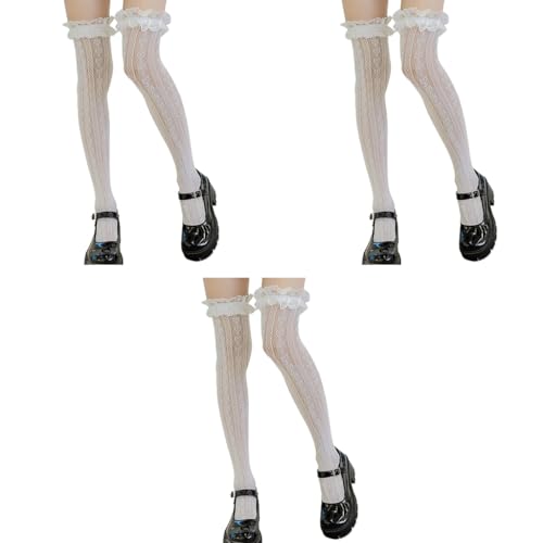 PALAY® Lolita Lace Socks for Girls Teens Fishnet Over Knee High Hollow Out Stockings Long Loose for Mary Jane Shoes Dress Uniforms 1 Pair White 3 PCS