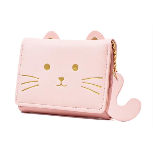 PALAY® Small Wallet for Women Fashion Girls Cute 3D Cat Face Glitter Ears Wallet with Tail Tri-Folded Wallet ID Card Case with Zipper Pocket