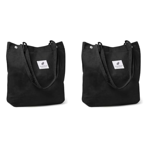 PALAY® Tote Bag Corduroy Large Hand For Women Shopping Grocery Shoulder Commuting Black 2PCS