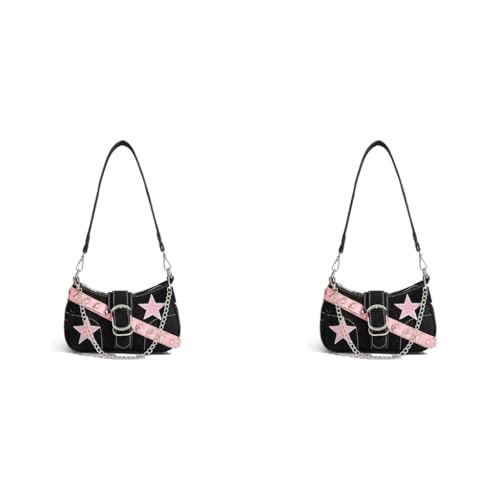 PALAY® Chic Shoulder Bag for Girls Canvas Handbag with Chain Charm Small Hobo Stylishly Sweet Y2K Star Patchwork Letter Printed Casual Zipper Bag 23x7x13cm 2PCS