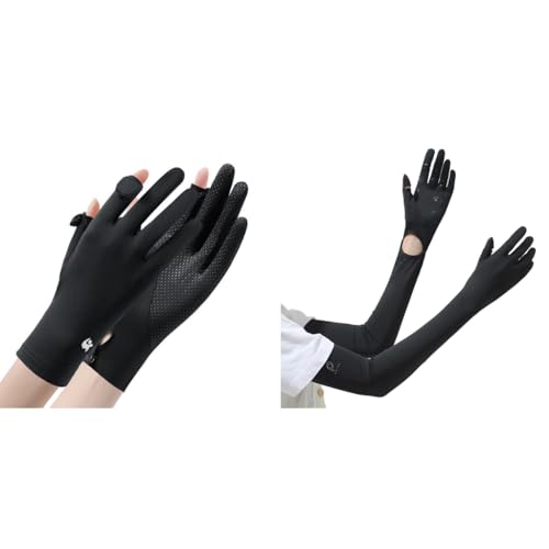 PALAY® Sun Protection Gloves & UV Arm Sleeves Combo for Women, Breathable Silk, Non-Slip, Touch Screen, Cooling, Full Finger & Open Tip, Outdoor Driving, Cycling, Gardening – Black