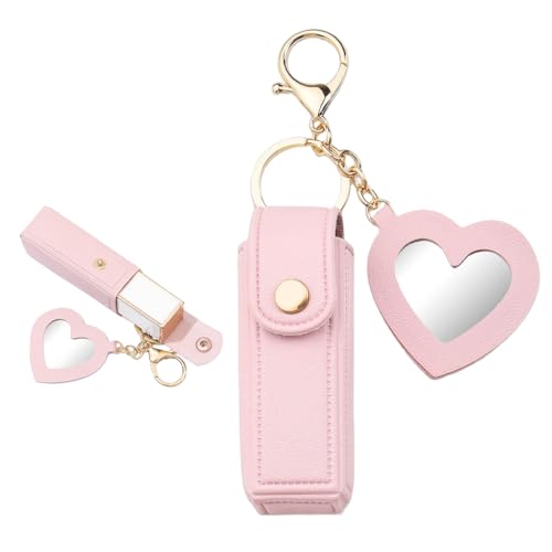 PALAY® Lipstick Holder Keychain, PU Lipstick Case Holder Key Chain with Heart Shape Mirror, Portable Chapstick Keychains Sleeve, Travel Lip Balm Organizer for Women Girls - Pink