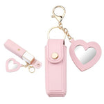 PALAY® Lipstick Holder Keychain, PU Lipstick Case Holder Key Chain with Heart Shape Mirror, Portable Chapstick Keychains Sleeve, Travel Lip Balm Organizer for Women Girls - Pink
