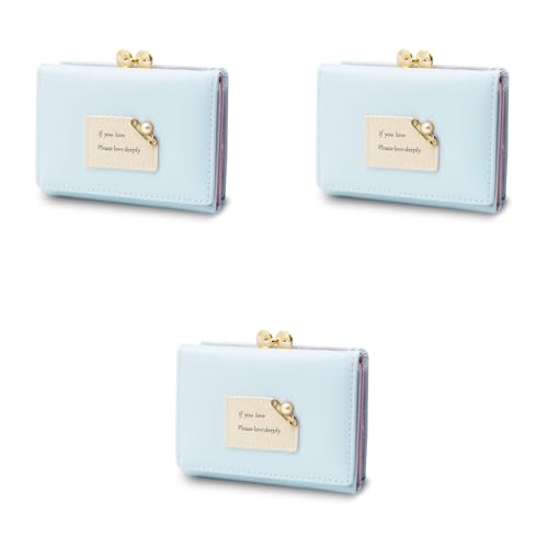 PALAY® Mini Wallet for Women PU Leather Small Card Holder Ladies Purse Hand Clutch with Heart Shaped Metal Buckle Mothers Day Gift for Mom Blue 3 PCS