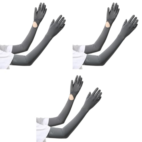 PALAY® Hand Gloves for Sun Protection with Arm Sleeves for Women, Nylon Ice Silk Sun Protection Gloves Women Cooling UV Hand Cover Arm Sleeves for Bike Riding - Grey, Open Finger Tip & Anti-slip 3 PCS