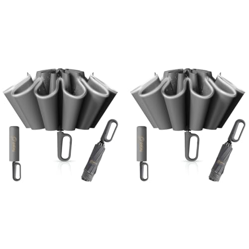 PALAY® Large Umbrella with Reflective Strip Auto 3-Fold Compact Travel Carabiner Handle Reinforced 10 Dual Ribs Sun Protection 99% UV Rain Windproof for Men Women Grey 2PCS