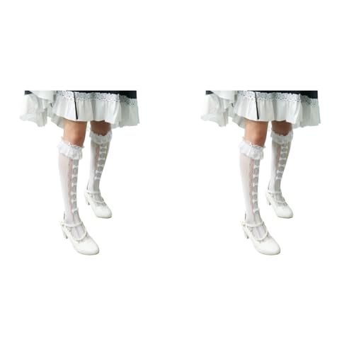 PALAY® Lace Topped Calf-Length Socks for Girls Lolita Fashion Kawaii Bow Summer Breathable Trim Stockings for Jane Shoes Dress Uniform 2 PCS