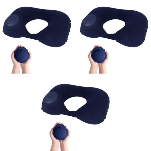 PALAY® Inflatable Travel Pillow Compact Portable Head and Neck Support in Flight Self Pump Up Adjustable U Shaped Ultralight Foam Blue 3PCS