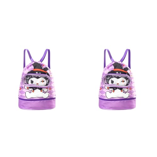 PALAY® Kuromi Swimming Drawstring Bag Girls Waterproof with Shoe Compartment Clear Goggle Pouch Cute Quick Dry Wet Beach 26x13x40cm 2 PCS