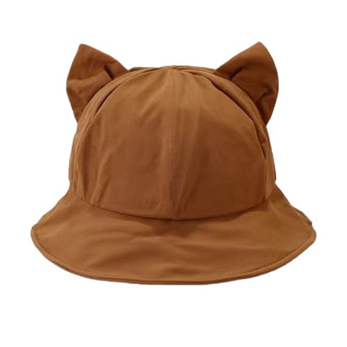 PALAY® Bucket Hat for Women and Girls Cute Cat Ear Cap for Women Summer Breathable Wide Brim Sun Hats for Women Brown Beach Hat Adjustable Fisherman Bucket Hat for Travel, Camping, Daily Activities