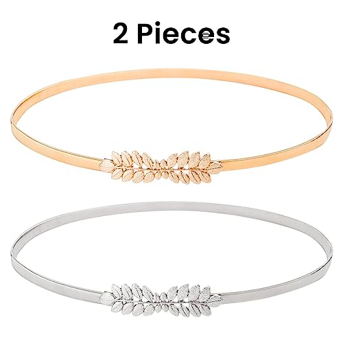 PALAY® 2 Pack Skinny Waist Belt for Women, Slim Elastic Metal Cinch Belts for Women Dresses, Stretchy Leaf Design Sparkling Waistband Belt for Dress, Jumpsuit and Blouses (Gold+Silver)