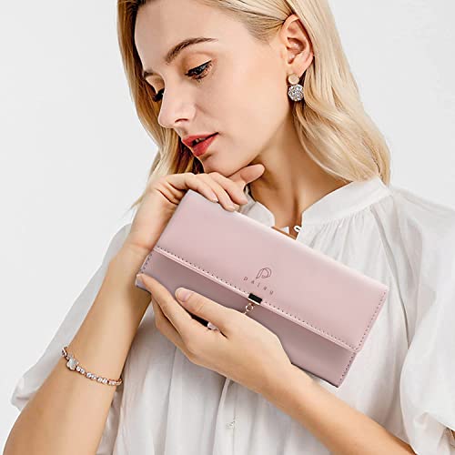 SANNIDHI® Women's PU Leather Long Wallet with Leaf Pendant Card Holders Phone Pocket Girls Zipper Coin Purse (Pink)