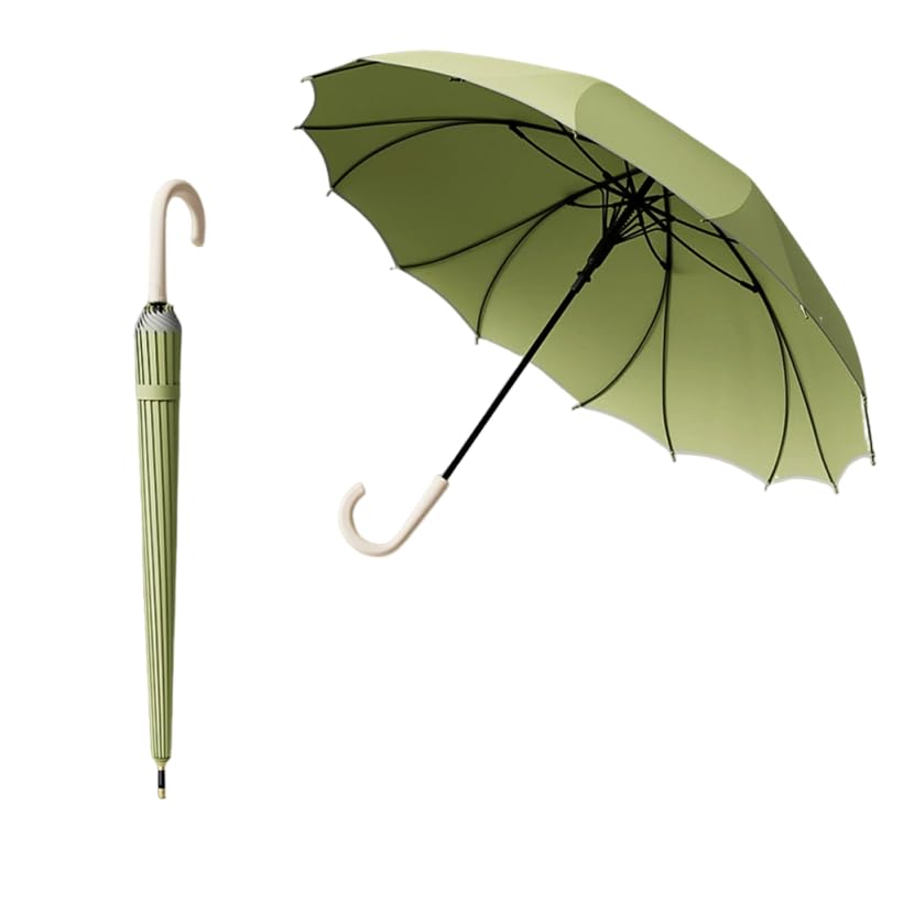 PALAY® Automatic Rain Umbrella Stick Rain Umbrella with Straight Handle Fashion Outdoor One-Touch Automatic Umbrella Windproof Fiberglass Ribs Design Large Canopy Stick Rain Umbrella, Beige