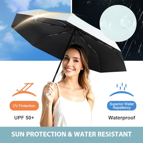 PALAY® Compact Umbrella for Sun Rain Protection Auto Open Close Travel Folding with Flower Charm Strap Black Tape UV 8 Dual Ribs Anti-Slip Rubber Handle Outdoor Commute 2PCS