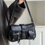 PALAY® Shoulder Bag for Women Black PU Hobo Fashion Dainty Casual Hand Chic Punk Multipocket Zip-up Evening Bag 27x7x16cm 2PCS