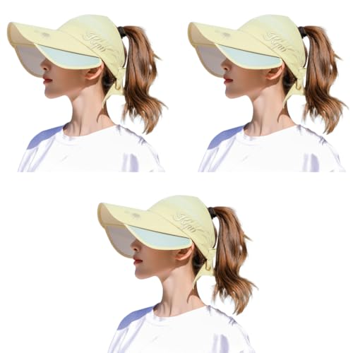 PALAY® Women Cotton Sun Hats Wide Brim Visor UV Protection Golf Cap with Retractable Side Brim Fashion Breathable for Beach Fishing Tennis Running Beige Free Size 3PCS
