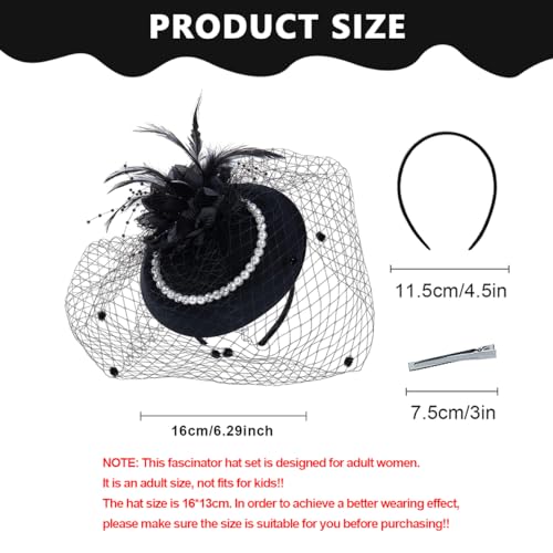 PALAY® Fascinator Hats for Women, Cocktail Tea Party Hat, Clip/Headband Flower Fascinator with Mesh Veil, Vintage Feather Headwear for Wedding Halloween - Black