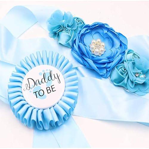 PALAY® Mom to Be Flower Sash Set - Baby Shower Daddy to Be Corsage Pin - Flower Belt for Maternity Dress - Pregnancy Photo Props Supplies-Blue