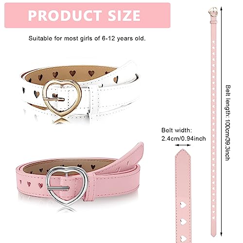 PALAY® Girls Belt for Jeans, 2 Pack PU Leather Kids Belt for Girls 6-12, Fashion Hollow Heart Metal Buckle Waist Belt for Girl Dress Pants Gift (Pink & White, Suit for Waist 26-30")