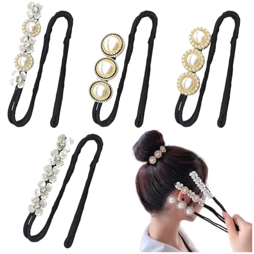 PALAY® 4pcs Hair Bun Maker for Hair Flower Pearl Easy Hair Bun Shaper Stylish Rhinestone French Hairstyle Twist Hair Bun Accessories for Women Girls Daily, Party, Wedding