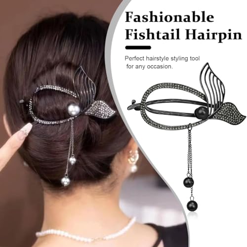 PALAY® Hair Clip, Tassle Mermaid Tail Banana Clips for Women, Alloy Hair Bun Accessories Hairstyle Twist Hair Barrette, Elegant Non Slip Jaw Hair Claws for Lady Girls- Black