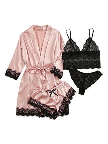 PALAY® Women Nightwear Robe and Lace Bra Panty Set Lingerie Combo, Women Sexy Lingerie Set 4 Piece Lace Kimono Robe with Bra and Panty Sheer Sleepwear