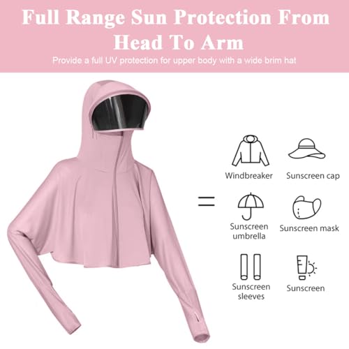 PALAY® Sun Protection Clothing Women UPF 50+ Protective Sun Protection Clothing Long Sleeve Ice Silk Protective Sun Protection Clothing with Removable Sun Visor, Pink