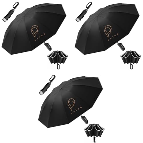 PALAY® Large Umbrella for Men Women with Reflective Strap 50 Inch Automatic Open Close Windproof Travel Folding Reinforced 10 Dual Ribs 99 UV Protection Carabiner Handle Design 3PCS