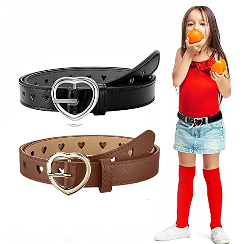 PALAY® Kids Belt for Girls 6-12, 2Pcs Fashion Girls Belt PU Leather Hollow Heart Metal Buckle Belt for Girl Jeans Dress Pants Gift (Black & Brown, Suit for Waist 26-30")