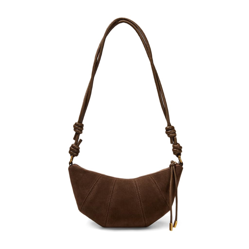PALAY Shoulder Bag for Women featuring Knotted Strap and Zipper Closure 27x7x15 cm Brown Suede | Stylish Day to Evening Crossbody