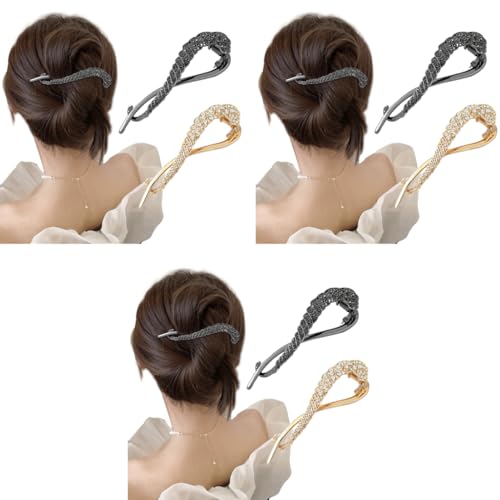 PALAY® 6PCS Hair Bun Accessories for Women Metal Rhinestone Maker French Style Clips Stylish Medium Thick Black Gold Set