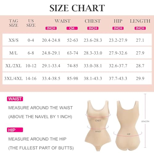 PALAY® Body Shaper for Women Waist Trainer Bodysuit Tummy Control Shapewear Seamless Round Neck Tank Top Bodysuit, Beige, M-L