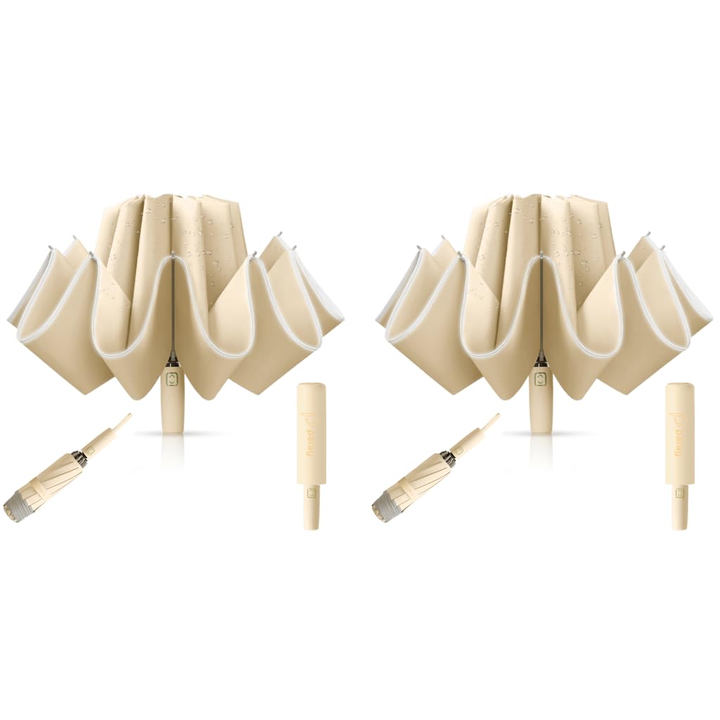 PALAY Umbrella for Rain with 10 Dual Ribs and Auto Open Close | Compact Travel Khaki 2PCS