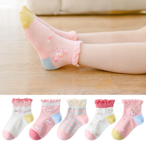 PALAY® 5 Pairs Kids Socks Girls Socks Breathable Cotton Mesh Socks Home Socks Cartoon Unicorn Cotton Socks for Girls 9-12 Years Old