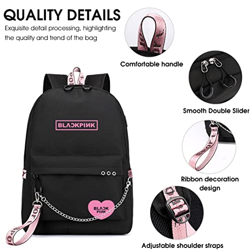 PALAY® School Bags for Girls Blackpink KPOP Theme Prints School Backpack With USB Charging and Headset Port Backpack for Student School Bag