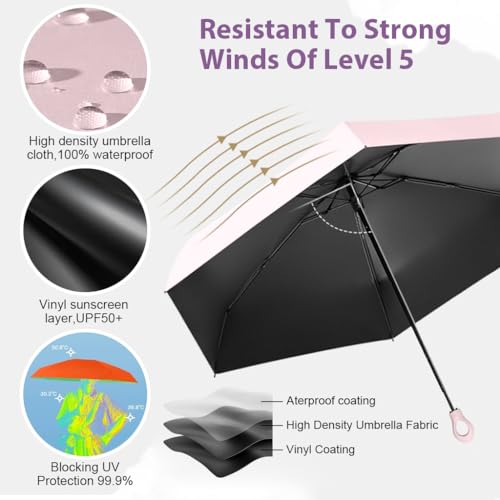 PALAY® 2Pcs Mini Sun Umbrella UPF 50 Plus Sun Protective Umbrella with Black Liner 6 Strong Ribs Design Fashion Outdoor Folding Umbrella Travel Lightweight Umbrella with Rubberized Hanging Handle