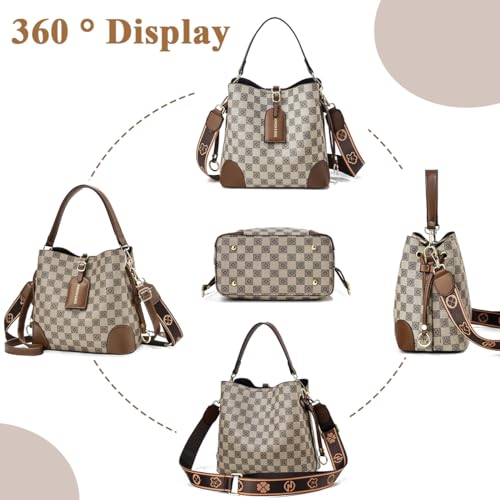 PALAY® PU Bucket Bag for Women Fashion Check Pattern Crossbody with Detachable Shoulder Belt Daily Versatile 2 PCS