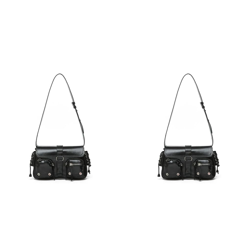 PALAY Shoulder Bag for Women 27x7x16 cm with Braided Sides and Metallic Eyelets | Black PU Hobo