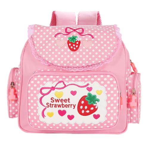 PALAY® Kawaii Canvas Backpack for Girls Pink Sweet Strawberry Embroidery Decal Lace Travel Multi Pockets Book Bag Casual Day Bag Children's Day Gift