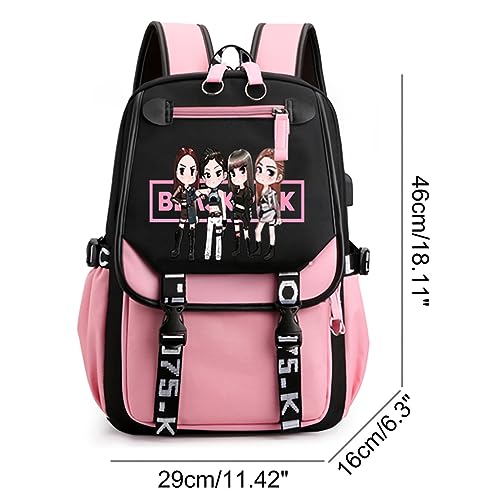 PALAY® Black Pink Bag For Girls School with USB Cable Jack Cute Backpacks Idol Print Design Laptop and Casual Student Accessories That can Hold 16.8 inches Books 3 PCS