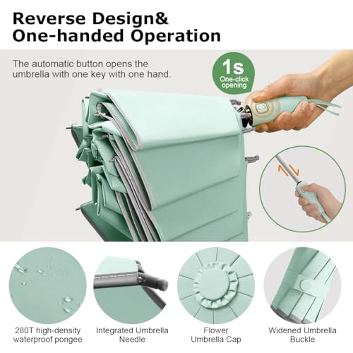 PALAY® Auto 3-Fold Large Umbrella with Reflective Strip 50'' Compact Travel One-Touch Open Close Reinforced 10 Dual Ribs Sun Protection 99 UV Rain Windproof for Men Women Mint Green 2 PCS