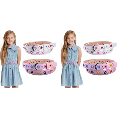 PALAY® 2 Pack Belt For Girls Stylish Pu Leather Flower Hollow Cut Waist For Jeans Pants Dress Kids 6-12 Years Old Multi 2PCS