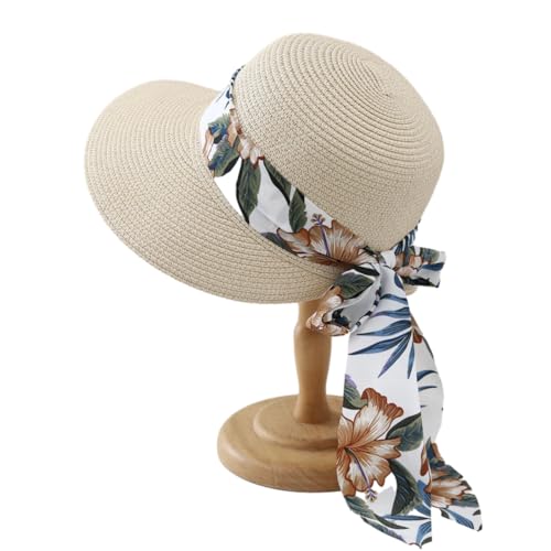 PALAY® Straw Hat for Women Summer Wide Brim Sun Hats for Women with Printed Ribbon, Fashion Beach Hat for Women, Summer Hats for Women Ladies, Beige UV Protection Cap - Lightweight & Breathable