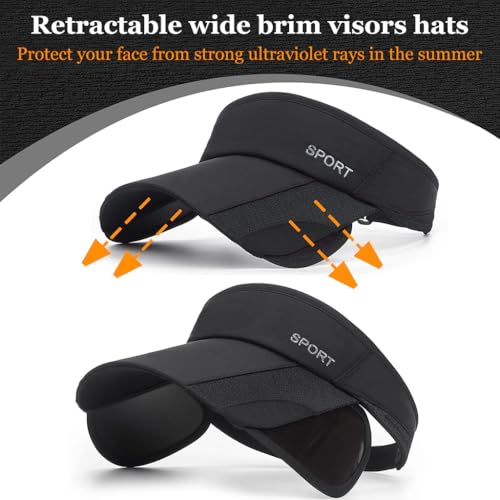 PALAY® Sun Golf Visor Hats for Women Adjustable Retractable Brim Cap Beach Black 3PCS