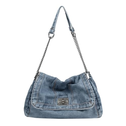 PALAY® Vintage Hobo Bag for Women Chic Denim Tote Chain Belt Shoulder Bags Casual Crossbody Soft Denim Bag Twist Lock Metal Closure Day Handbag Shoulder Bags, 33x12x21cm