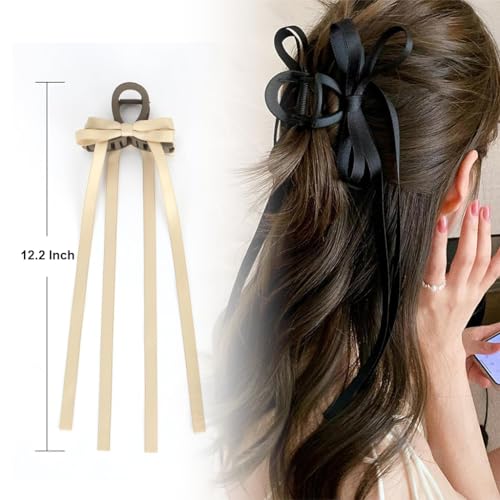 PALAY® 2pcs Bow Hair Clips with Long Tail, 5in Tassel Ribbon Hair Claw Clips,Women Hair Clip for Girl, Large Hair Clips Long Hair Accessories Barrettes Claw Hair Clips