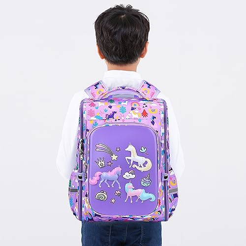 PALAY® Girls School Backpack Unicorn Cartoon Primary Bookbag for Travel Camping Waterproof Burden-Relief Gift Kids 5-10 Years Old Purple 3 PCS